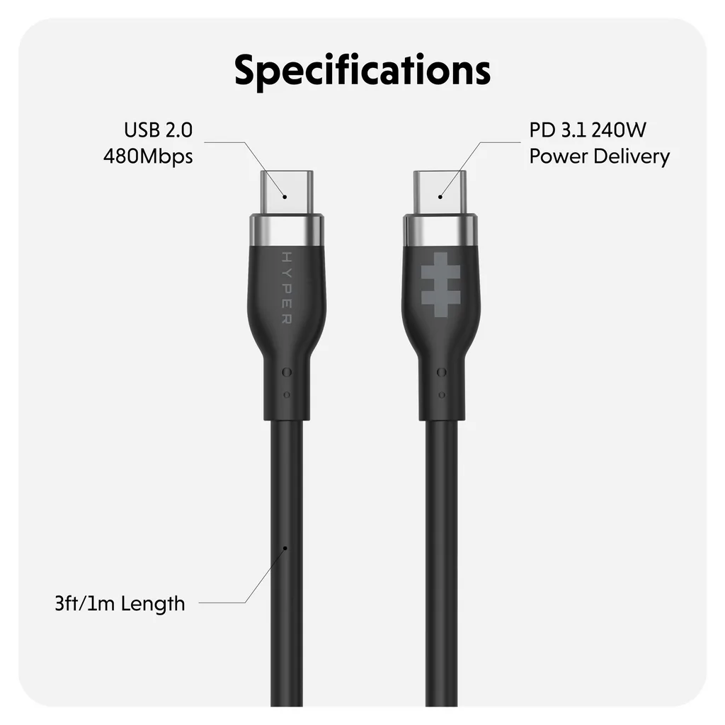 Targus cable de carga hyper USB-C 2.0  silicona 240W 3.3' negro - HJ4001BKGL - 2