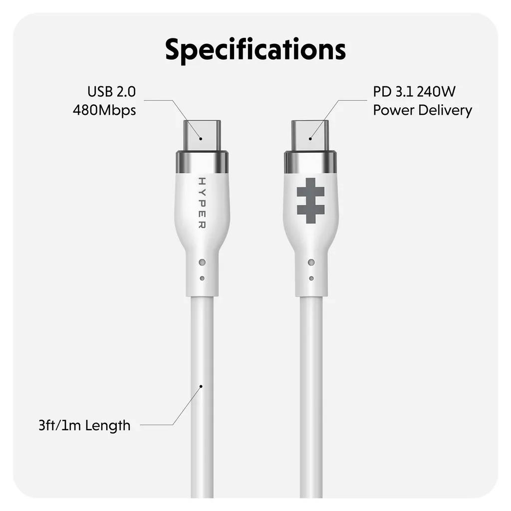 Targus cable de carga hyper USB-C 2.0  silicona 240W 3.3' blanco - HJ4001WHGL - 2