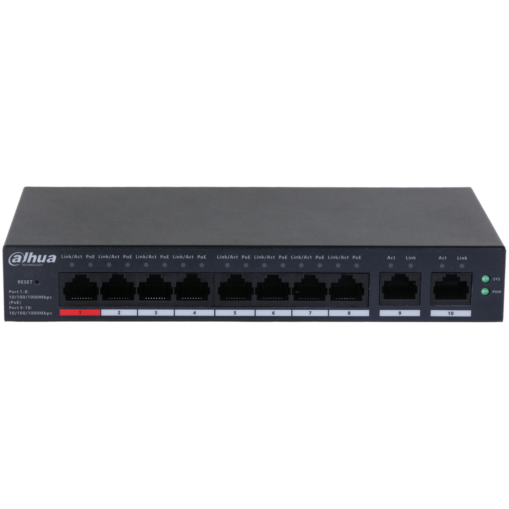 Dahua conmutador gigabit 10 puertos con 8 puertos PoE -DH-CS4010-8GT-110-  1.0.01.20.11244-9002