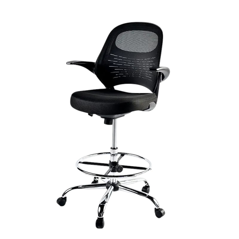 Silla de cajero con respaldo en malla y brazos abatibles