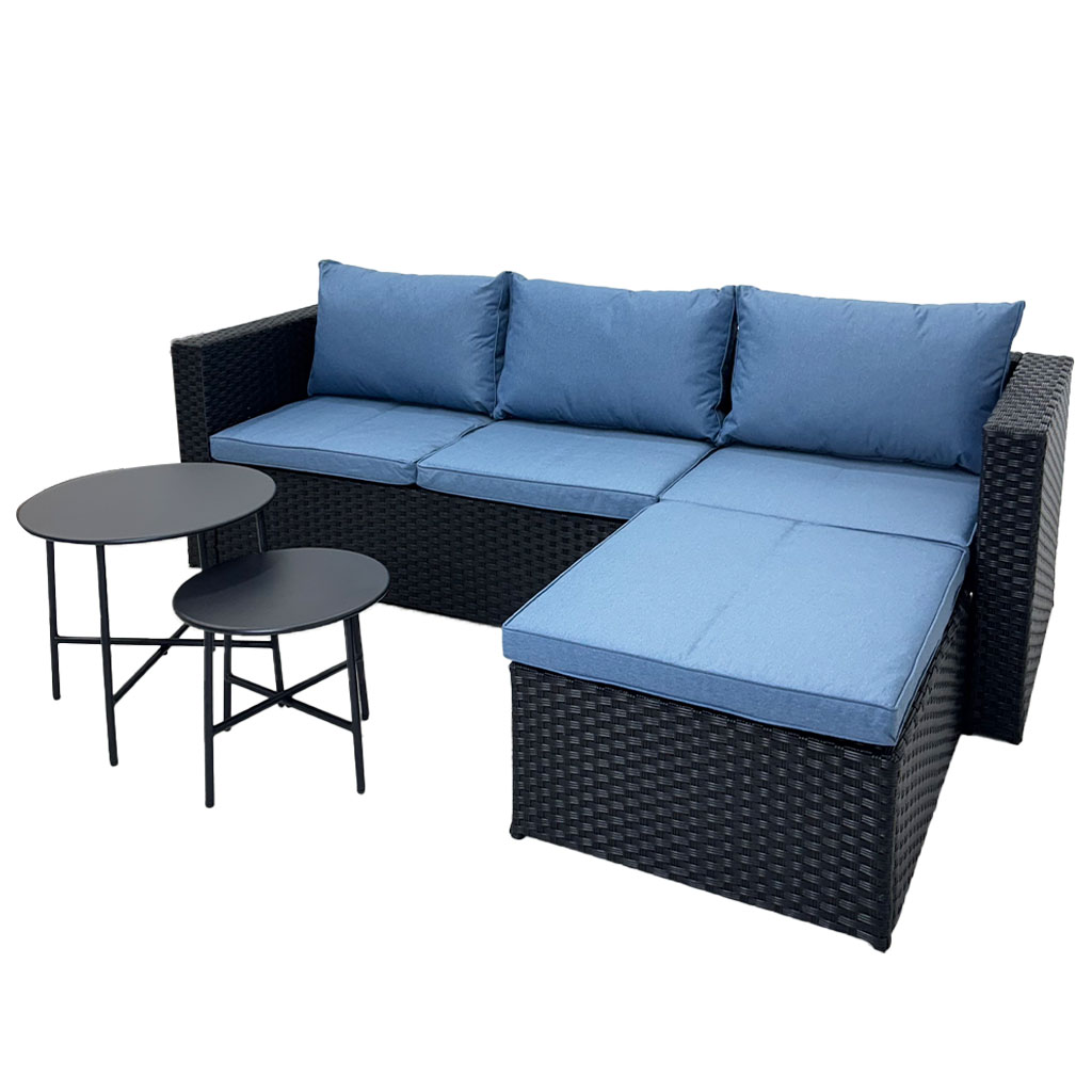 SOFA EN L RATAN SINTETICO NEGRO+AZUL