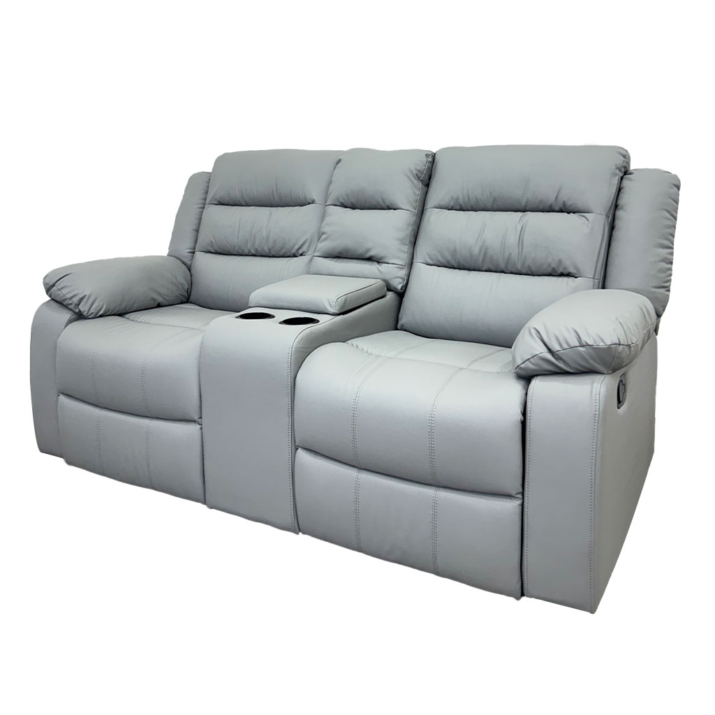 [TK-SF-76] SOFA DOBLE CON CONSOLA RECLINABLE VINILO ANTIRAYAUDURAS GRIS